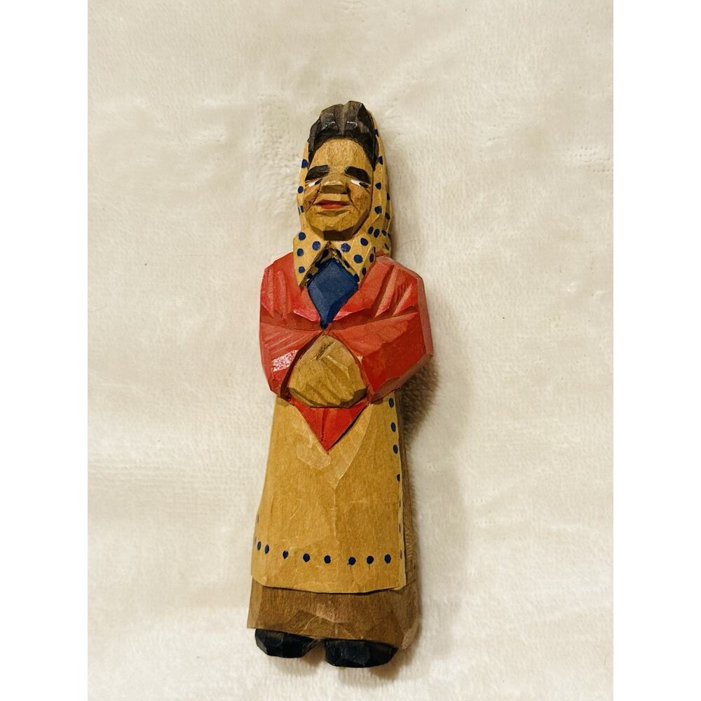 Vintage Denmark Folk Art Carved Woman Figurine Wooden Rustic